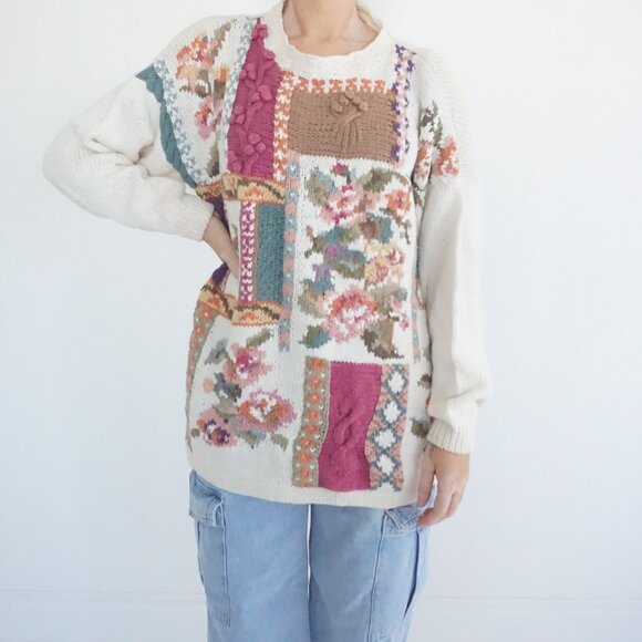 Sweaters - Vintage Heirloom Collectibles Floral Patchwork Cottage Knit Sweater Ivory Pink L